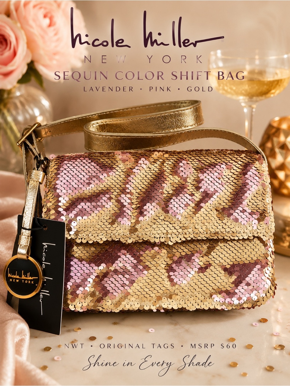 Nicole Miller NWT Lavender Pink Gold Sequin Crossbody - Color Change Sequins